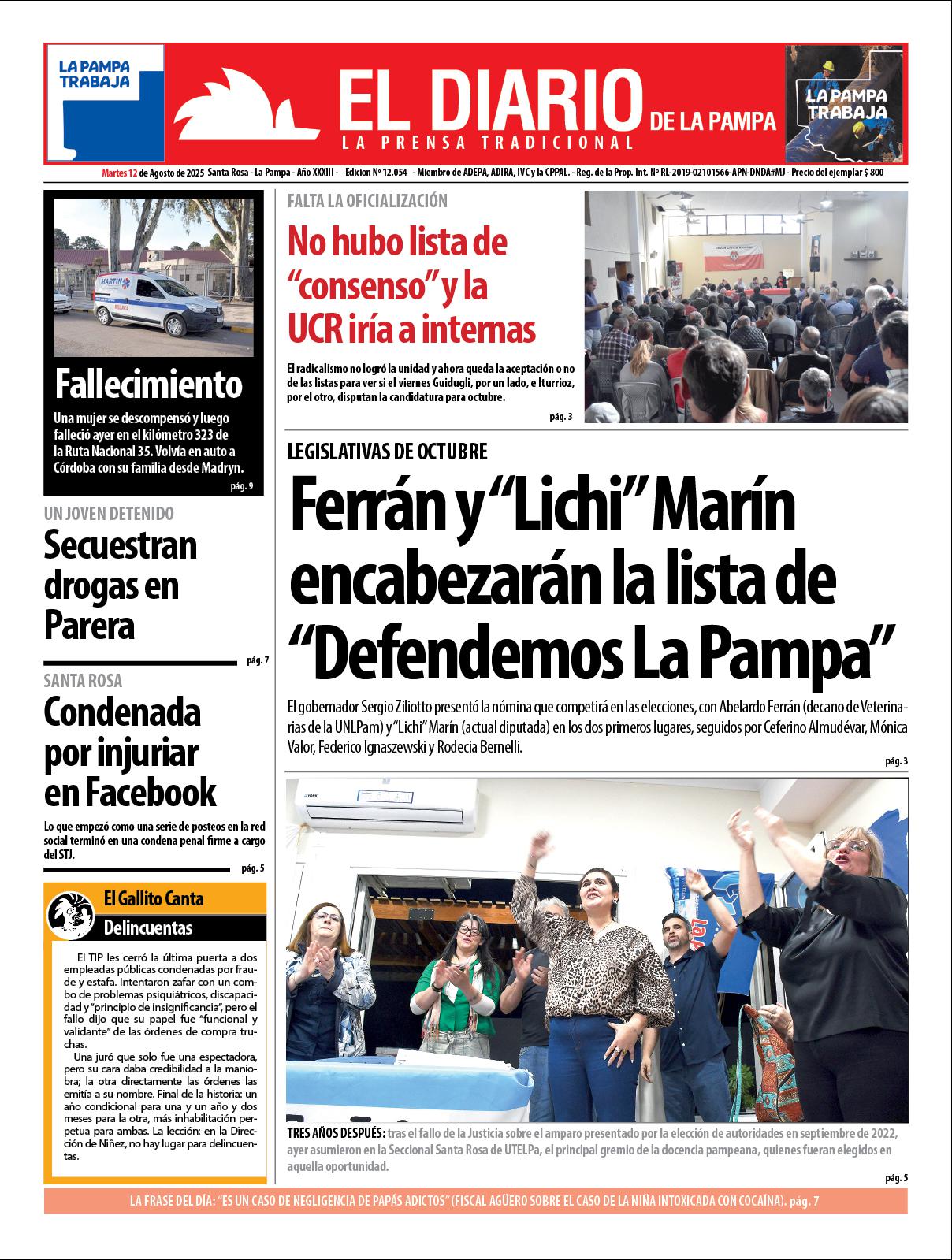 Tapa de El Diario en papel  martes 12 de agosto de 2025